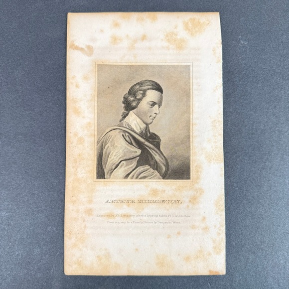 Other - J.B. Longacre Arthur Middleton Engraved Portrait Print, Benjamin West Art 8.5x5"